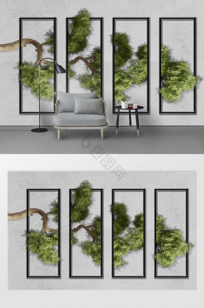 现代创意3D立体黑框松树树枝背景墙图片