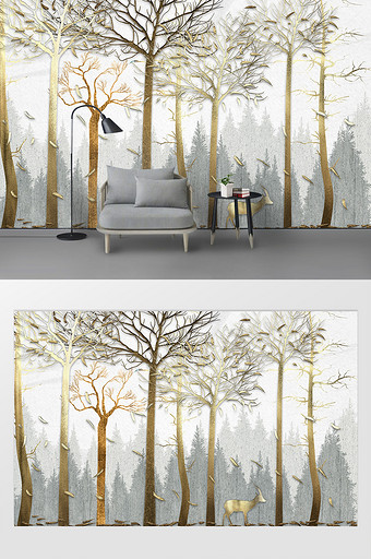 现代简约北欧风质感纹理丛林麋鹿电视背景墙图片