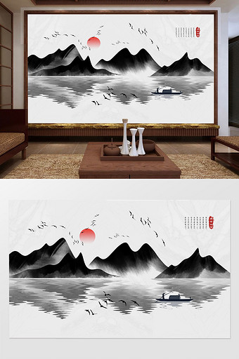 中式中国风水墨意境山水电视背景墙图片