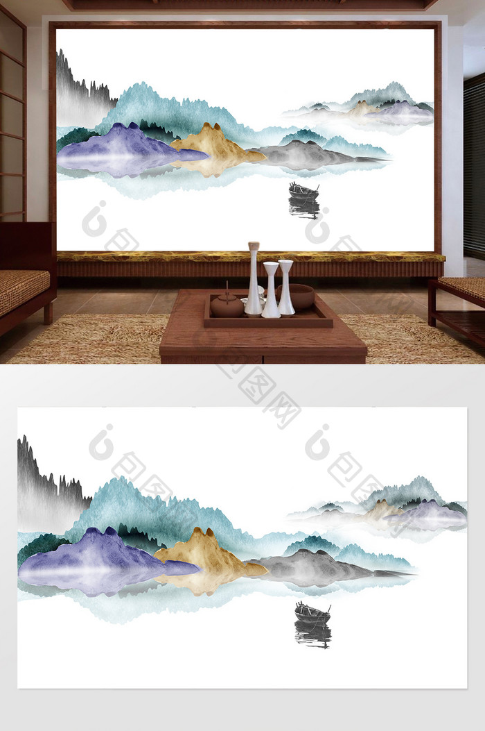 新中式水墨国画抽象山水背景墙山水情