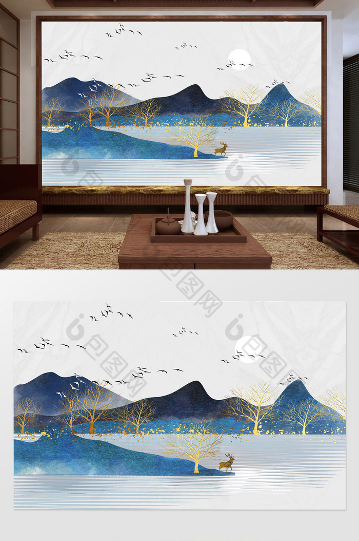 背景墙定制新中式山水画定制图片