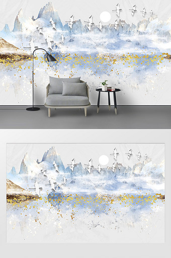 现代简约手绘清新意境山水质感电视背景墙图片