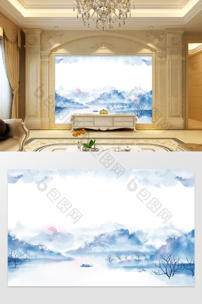 新中式水墨国画抽象山水背景墙山水风情