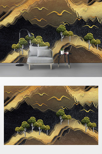 现代抽象山峦树林天空飞鸟浮雕背景墙图片