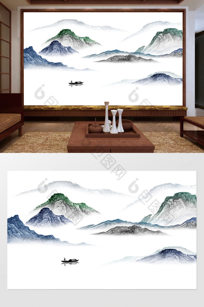 新中式蓝色风景水墨国画抽象山水背景墙