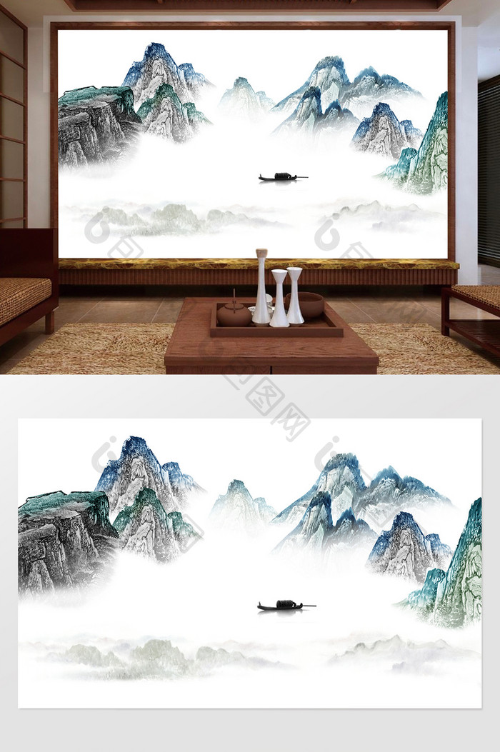 新中式水墨国画抽象山水背景墙装饰画