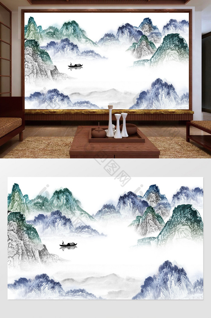 新中式水墨国画抽象山水蓝色艺术背景墙