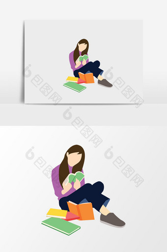 看书的小女孩人物插画矢量素材图片