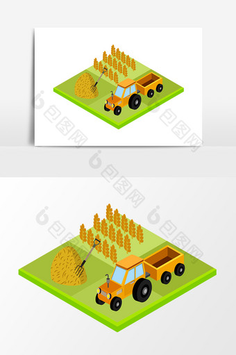 小清新农场丰收拖拉机运输场景插画素材图片