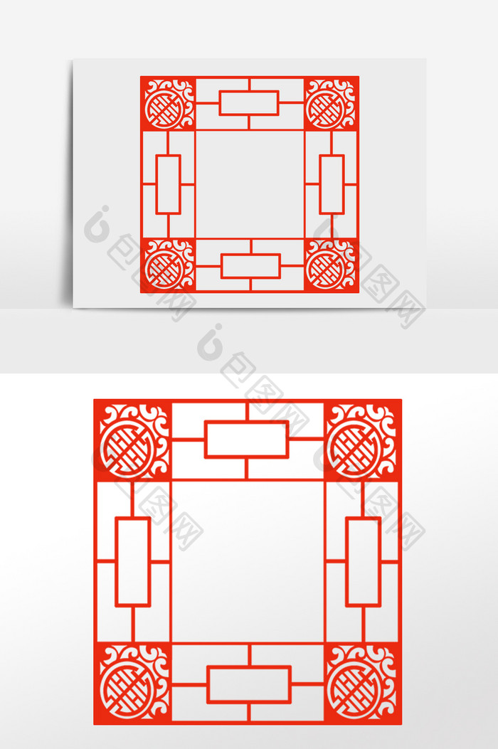手绘中国传统红色纸窗插画元素