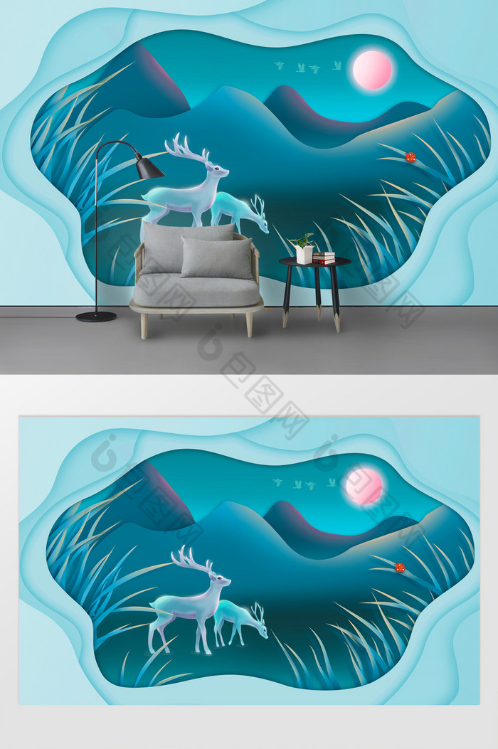 北欧风3D立体浮雕月夜山脉麋鹿装饰背景墙