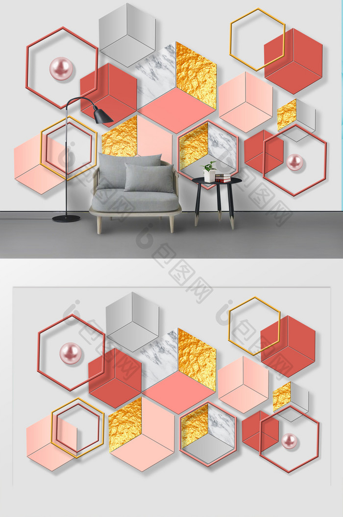 北欧简约立体几何大理石金箔拼接电视背景墙