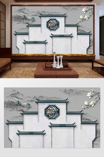 新中式徽派建筑江南水乡浪漫水墨山水背景墙图片