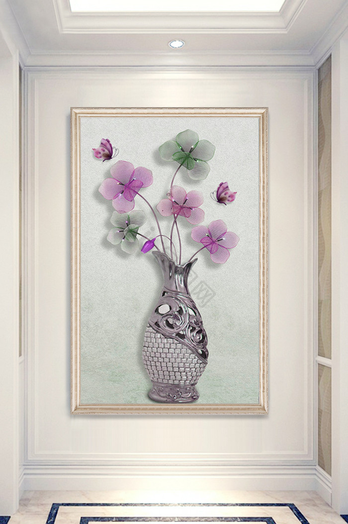 现代花瓶花卉蝴蝶玄关装饰画图片