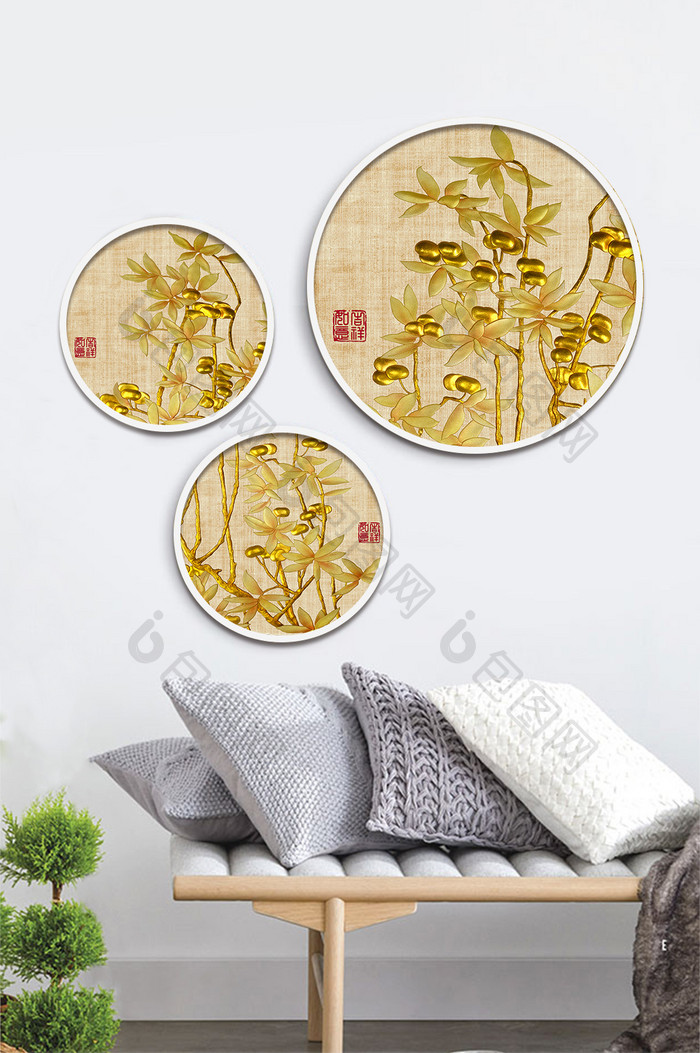 新中式中国风金色植物国画植物装饰画素材