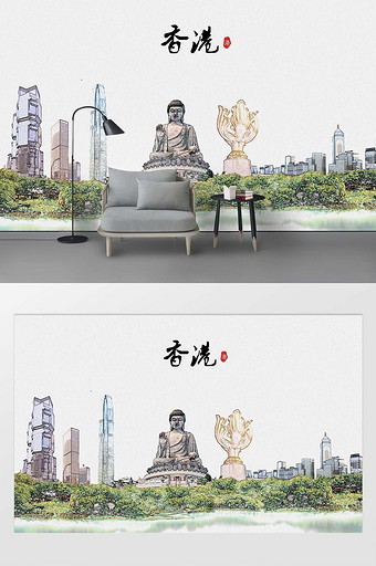 现代简约素描油画香港城市剪影背景墙图片