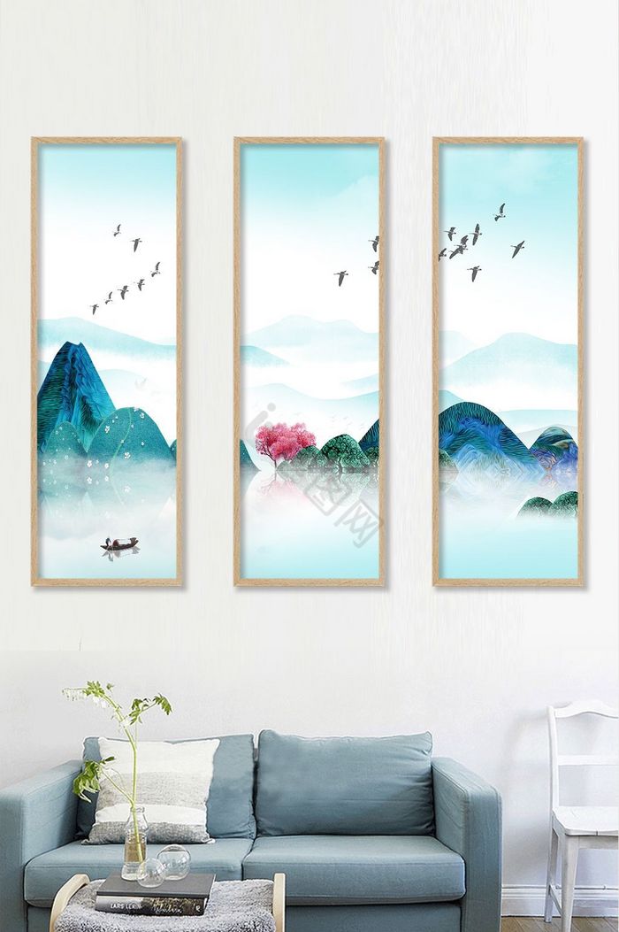 新中式蓝色山风景装饰画素材背景墙图片
