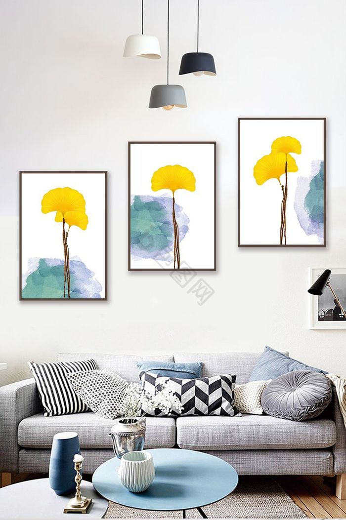 现代简约银杏植物客厅装饰画图片