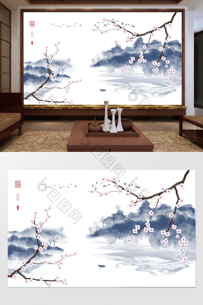 新中式抽象水墨烟雾电视沙发背景墙壁画