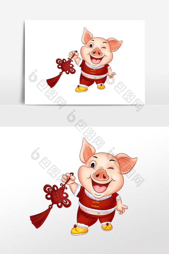 手绘猪年吉祥物中国结插画素材