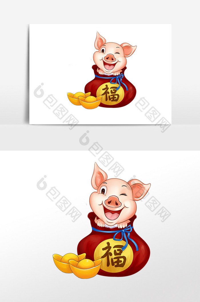 手绘猪年吉祥物财源滚滚插画素材