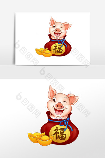 手绘猪年吉祥物财源滚滚插画素材图片