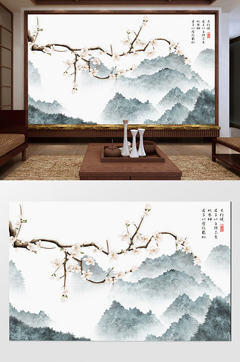 原创现代新中式手绘工笔梅花山水背景墙装饰图片