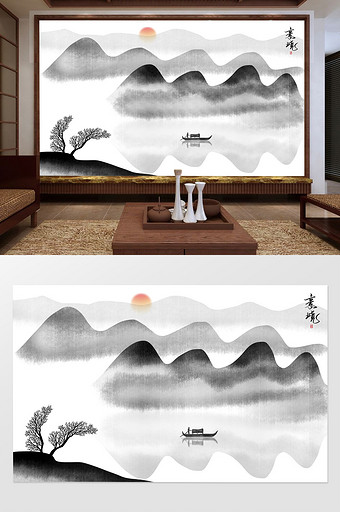 新中式黑白意境山水背景墙壁画.图片