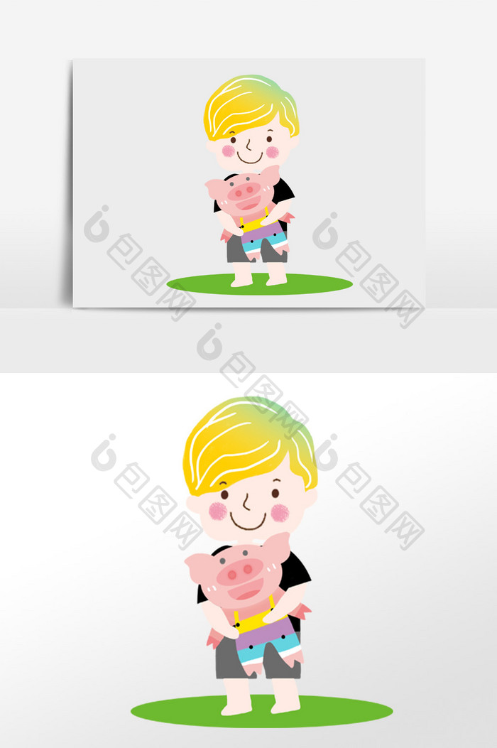 可爱卡通小男孩抱猪玩偶手绘插画背景素材