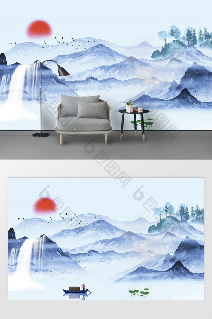 新中式水墨意境风景电视背景墙图片图片