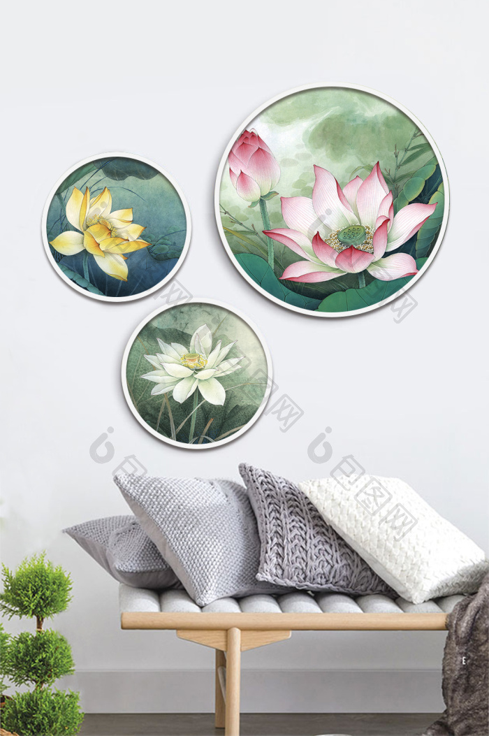 新中式荷叶装饰画素材背景墙-新中式荷叶装饰画素材背景墙效果图-【包图网】
