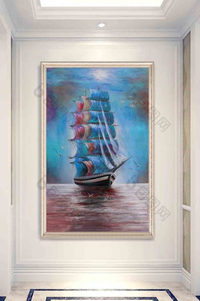 现代欧式油画古典帆船玄关装饰画