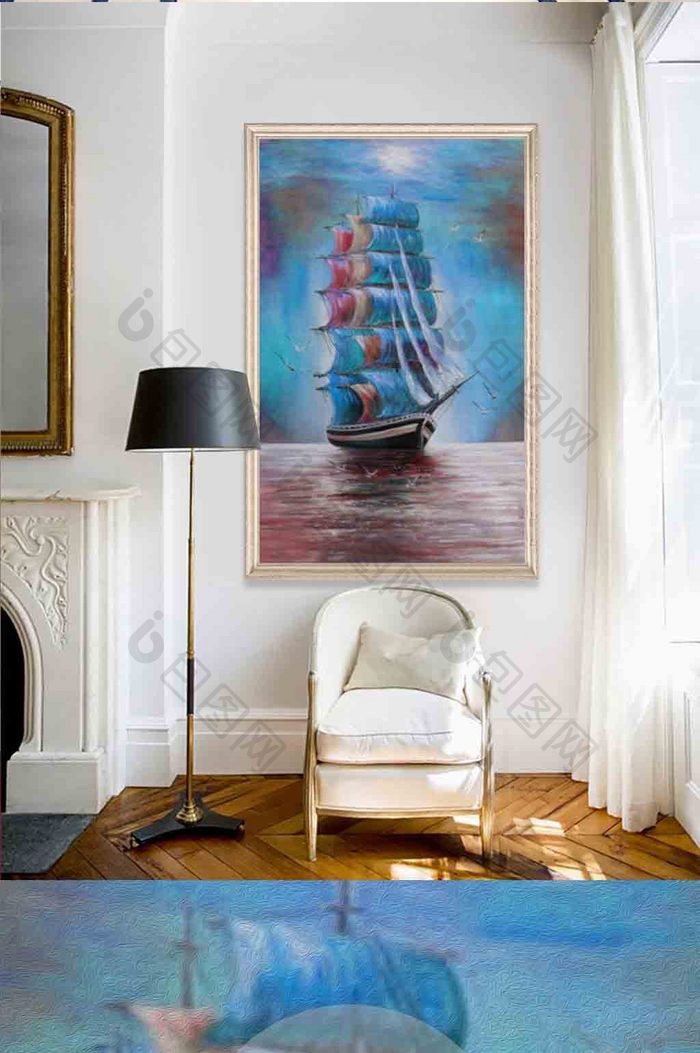 现代欧式油画古典帆船玄关装饰画