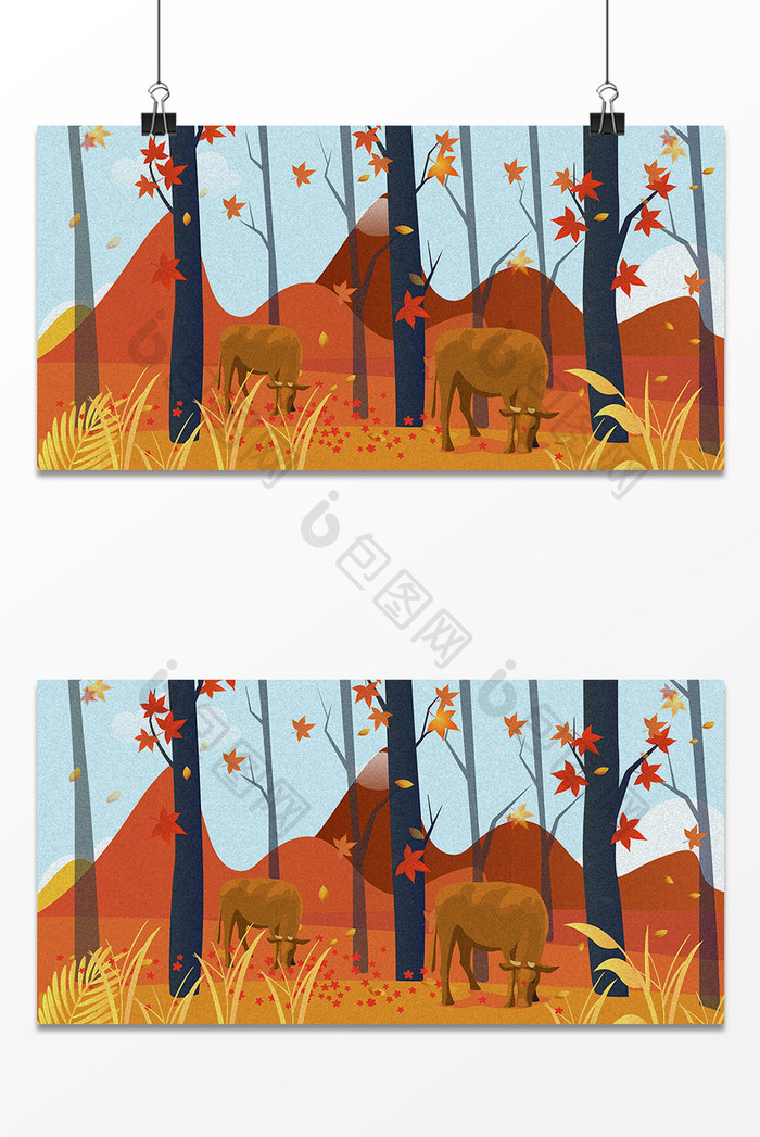 北欧麋鹿暮色森林风景装饰画矢量背景