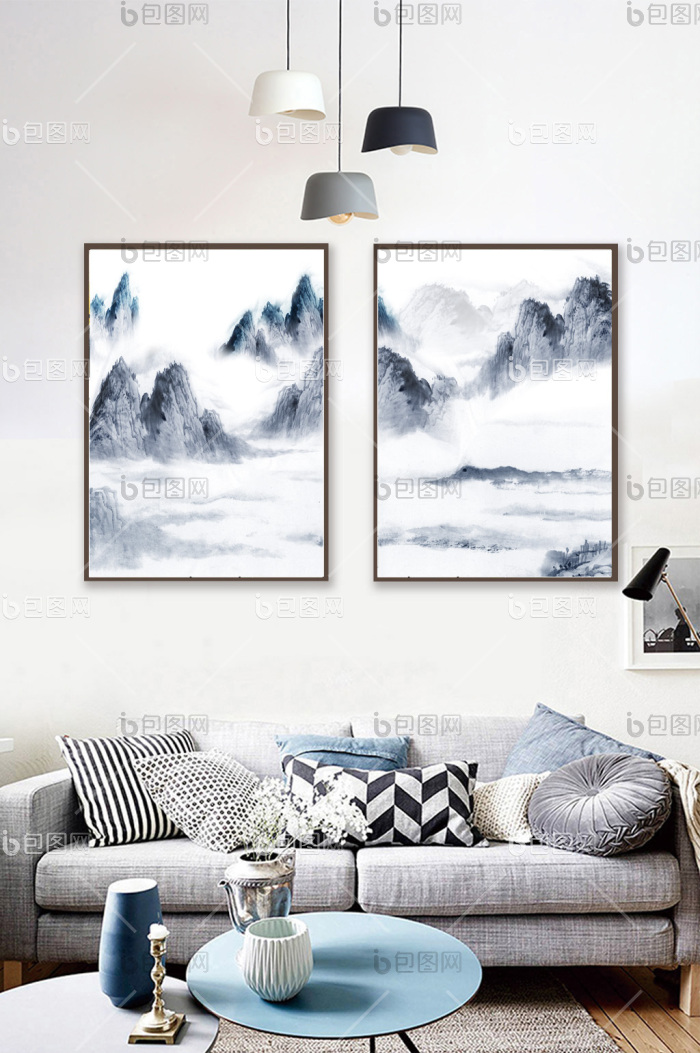 新中式现代艺术抽象金色水墨山水艺术装饰画-新中式现代艺术抽象金色水墨山水艺术装饰画效果图-【包图网】
