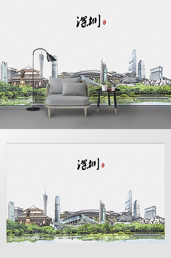 现代简约素描油画深圳城市剪影背景墙图片