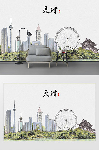 现代简约素描油画天津城市剪影背景墙图片