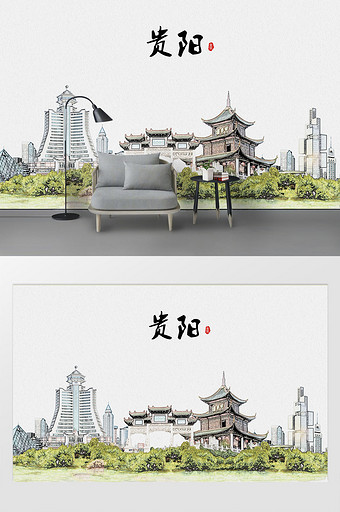 现代简约素描油画贵阳城市剪影背景墙图片