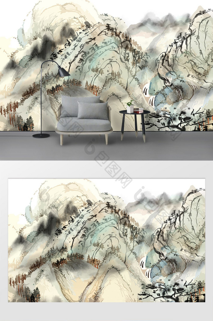 高清新中式水墨国画抽象山水背景墙
