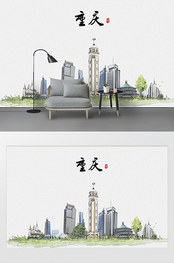 现代简约素描油画重庆城市剪影背景墙图片
