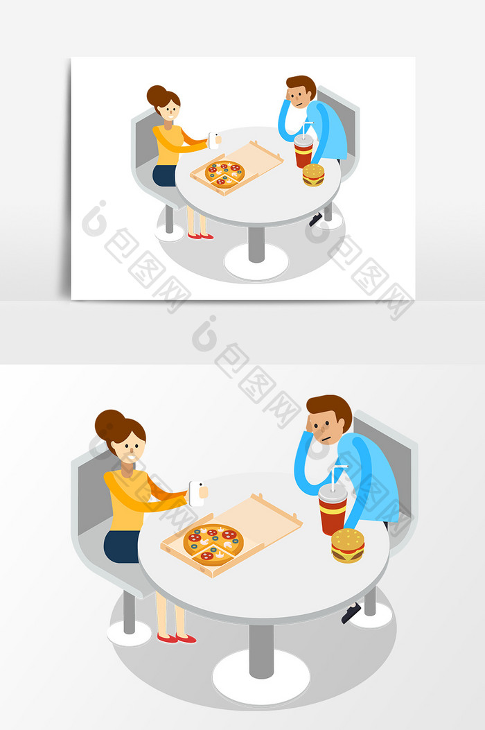 情侣吃披萨汉堡元素