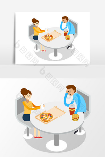 情侣吃披萨汉堡元素图片