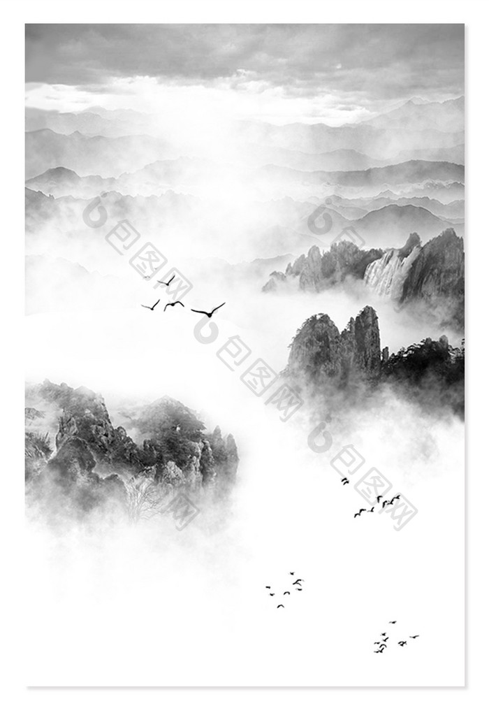 中国风水风格墨山水荷花海报背景