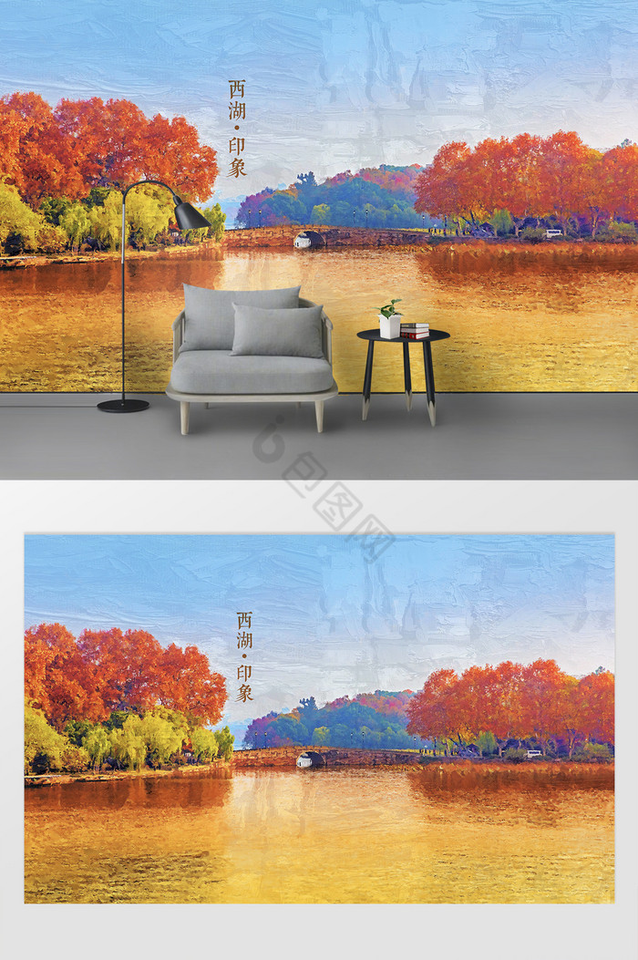 现代城市风景杭州西湖印象油画电视背景墙图片
