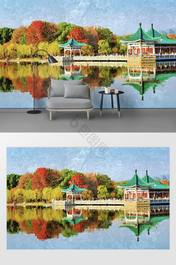新现代油画城市风景武汉东湖电视背景墙定制图片