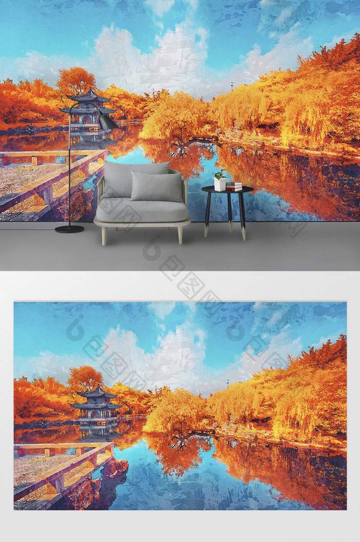 新现代红外油画风景南京水绘园电视背景墙
