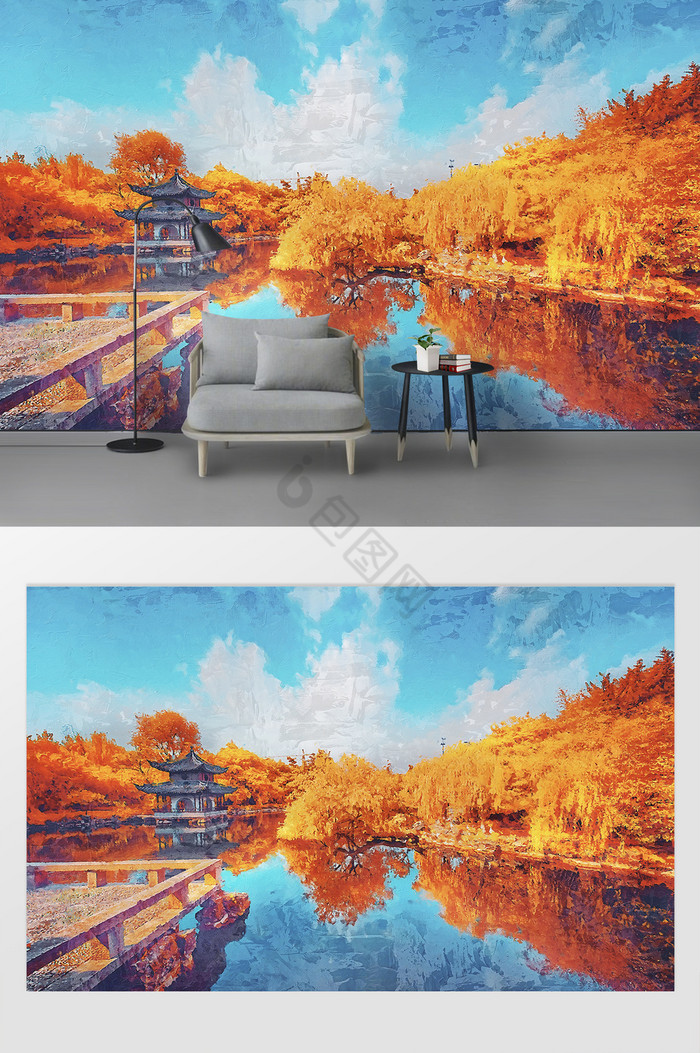 新现代红外油画风景南京水绘园电视背景墙图片