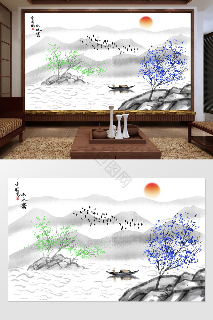 新中式手绘抽象山水画背景画图片