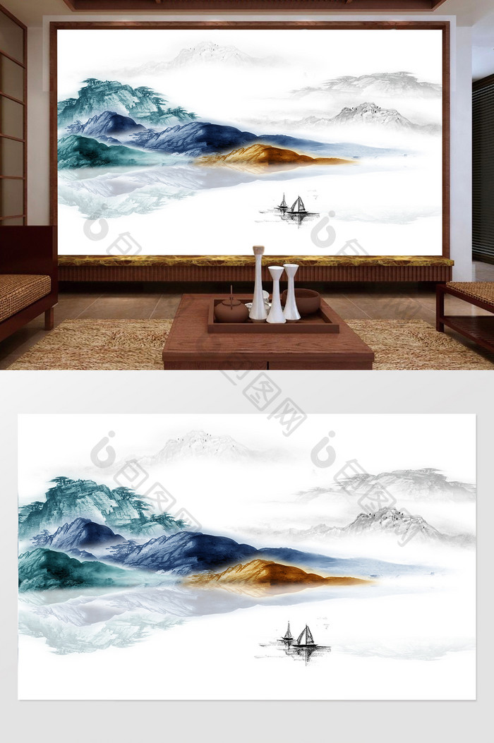 艺术蓝色新中式水墨国画抽象山水背景墙