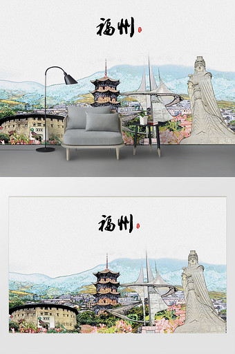 现代简约素描油画福州城市剪影背景墙图片